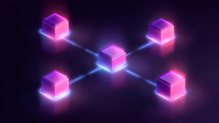 Dispersed network of glowing nodes representing blockchain or data transfer. Digital security concept for distributed ledger technology. - Powered by Adobe