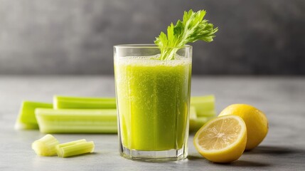Fresh celery juice splashing from a glass surrounded by crisp celery stalks and a lemon slice Healthy refreshing beverage for cleansing detox and wellness