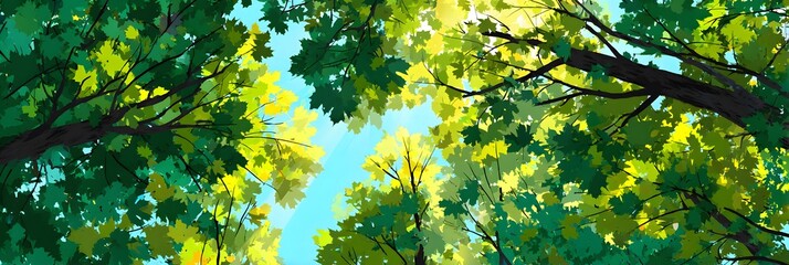 Vibrant green canopy layers filter bright sunlight filtering down to the sky