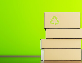 Cardboard boxes with recycling symbol against vibrant green background with copy space