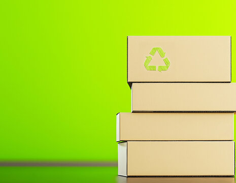 Cardboard boxes with recycling symbol against vibrant green background with copy space