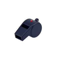 Isolated 3D render of a dark blue sports whistle with a red pea. Vector icon for referee, safety, and training signals on a white background
