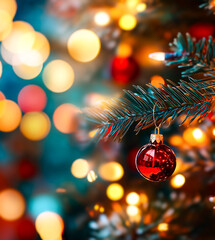 A red Christmas ornament on a fir tree branch against a background of colorful, blurred lights.