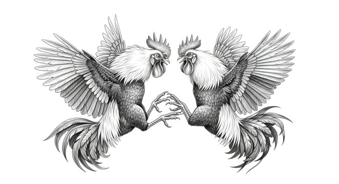 Black and white pencil sketch of two roosters fighting with dynamic motion and fine feather details on a plain white background.