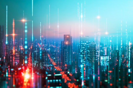Global internet and 5g technology conceptual background with blurred modern city and glowing lights - Powered by Adobe
