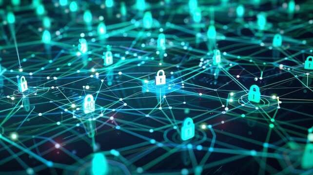 Digital network with glowing padlock icons representing cybersecurity, data protection, and encrypted connections. Concept of secure communication and information privacy.