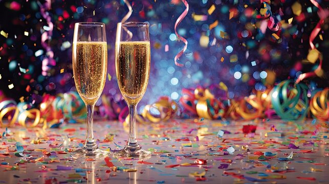 Two champagne glasses with golden sparkling wine surrounded by colorful confetti and party ribbons