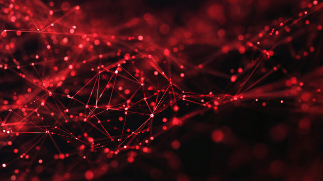 An abstract, futuristic network of interconnected red dots. The design evokes a sense of complexity and modern technology
