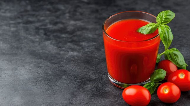 Overflowing glass filled with vibrant tomato juice surrounded by fresh cherry tomatoes and green basil leaves on a dark background - Powered by Adobe