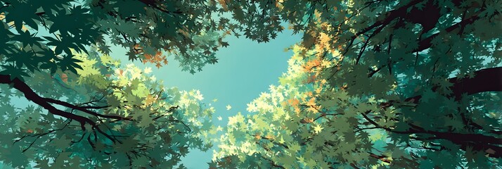 Forest canopy frames a patch of bright blue sky when viewed from below
