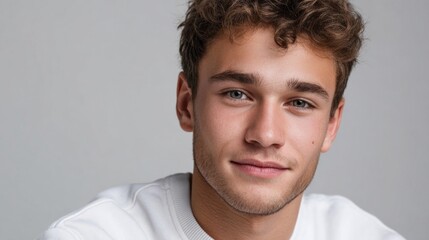 Obraz premium A young man with curly hair and striking blue eyes sits in a well-lit studio. He wears a simple white sweater and displays a relaxed, confident expression that highlights his features
