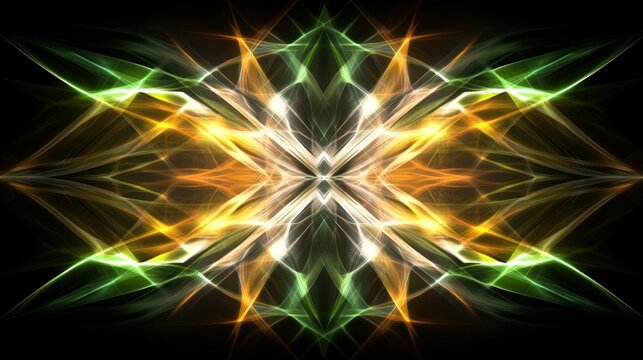 Abstract symmetrical design with glowing lines in orange, green, and white on dark background