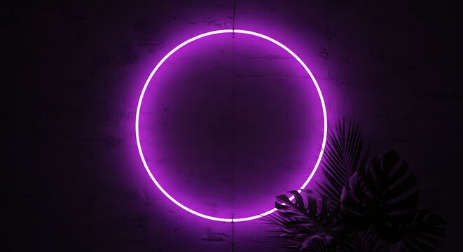 A vibrant purple neon ring hovers against a dark, textured wall, casting an ethereal glow and complemented by a tropical leaf