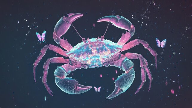 Glowing crab with butterflies in space