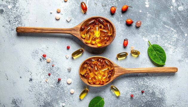 Nutritional Supplements - Omega-3 Fish Oil Capsules in Wooden Spoons.