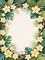 Tropical floral frame design featuring plumeria flowers and lush green leaves for summer decorations