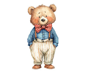 Charming watercolor teddy bear in blue shirt and striped pants with polka dot bow tie