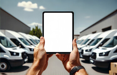 Computer tablet with blank screen in hands of man on background of delivery vans on parking.