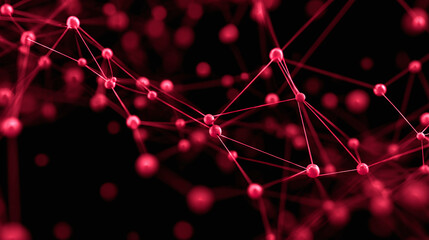 Abstract Network of interconnected red spheres and lines against a dark background, illustrating a complex web of connections