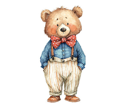 Charming watercolor teddy bear in blue shirt and striped pants with polka dot bow tie