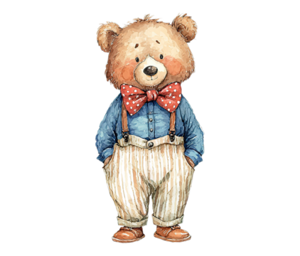 Charming watercolor teddy bear in blue shirt and striped pants with polka dot bow tie