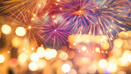 Festive background with fireworks and golden bokeh.