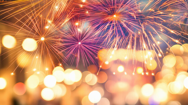 Festive background with fireworks and golden bokeh.