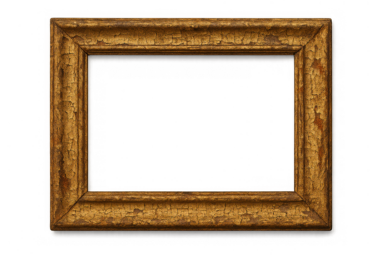 Ornate gold picture frame with textured surface and cracked gilding on transparent background