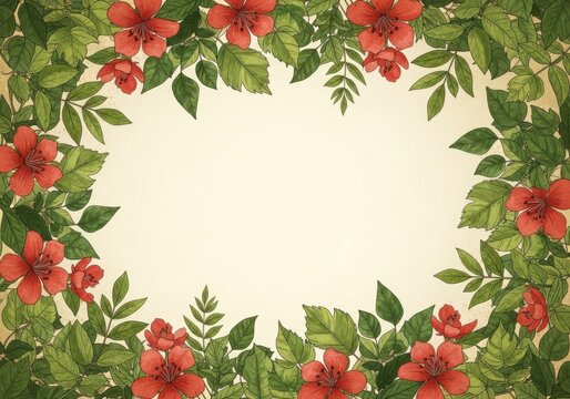 Vibrant red flowers and green leaves border with creamy center