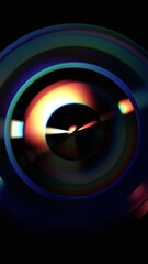Abstract iridescent circles with glowing lights, vertical orientation, 3d render