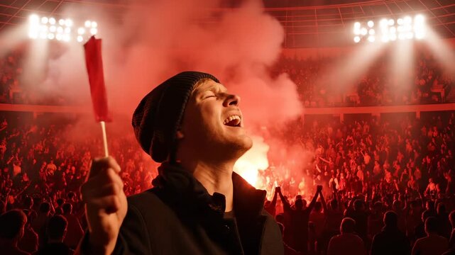 Man waves flag. Flare pours smoke across stadium. Crowd surge through stand. People raise hands and move. Noise rises over stand. Light washes stadium. Audience press terrace. Voices carry across air.