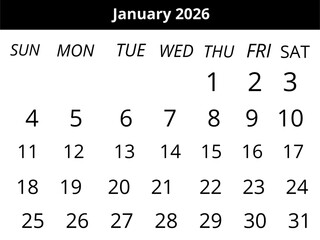 Clean January 2026 Calendar  Black