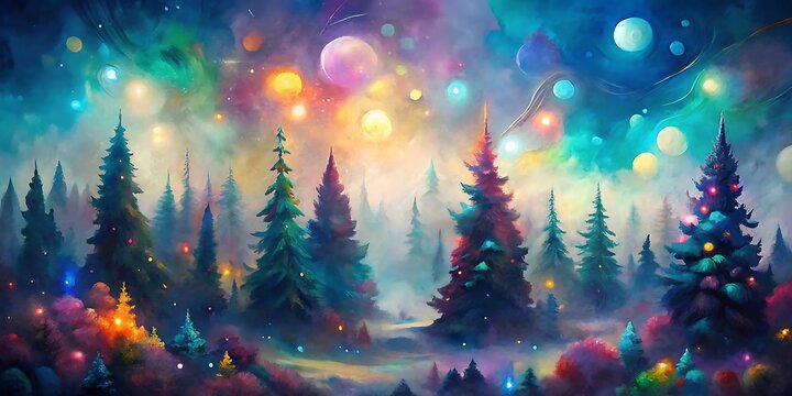 Enchanting winter forest illuminated by a dazzling display of colorful bokeh lights under a starry night sky