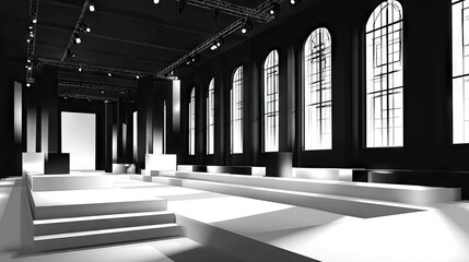Naklejka premium Empty fashion show runway inside a large hall.