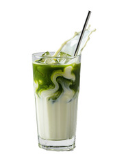Close-up of an iced matcha latte in a highball glass showing dynamic emerald green matcha swirling with creamy milk, condensation, ice, and a reusable straw, isolated on a white backdrop; concept for