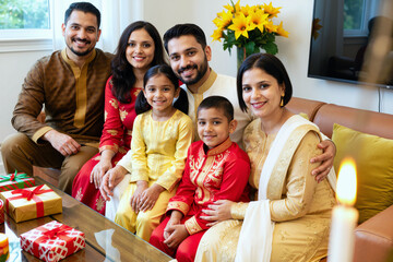Multiethnic family group including two South Asian adult men, two South Asian adult women, South Asian girl and South Asian boy sitting together smiling near wrapped gifts