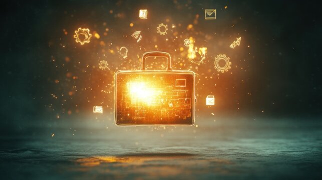 Holographic briefcase with glowing tech icons