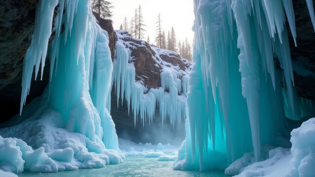 Dramatic canyon covered in thick icicles, sunlight refracting in shades of teal and crystal blue, frozen waterfall in background