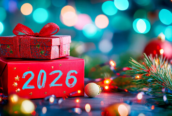 Red gift boxes with number 2026 on festive multicolored background