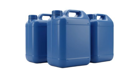 three identical, matte azure blue industrial plastic jerrycans with ribbed caps and handles, captured in high-key, hyper-realistic studio product photography. concept for utility mockups