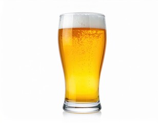 A clear glass of golden beer with a frothy head, isolated on a white background, ideal for beverage and bar-related concepts.