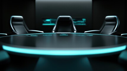 Futuristic, dark meeting room with glowing table and chairs