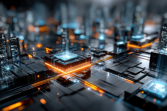 Futuristic Circuit Board Cityscape at Night - Powered by Adobe