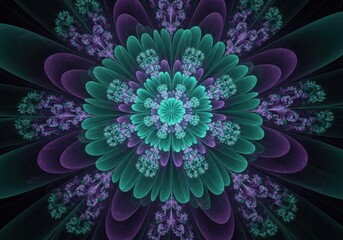 Intricate fractal flower bloom in teal and purple hues