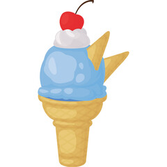 A light blue ice cream cone topped with whipped cream a bright red cherry and a crisp wafer cone isolated on a white background for a refreshing treat