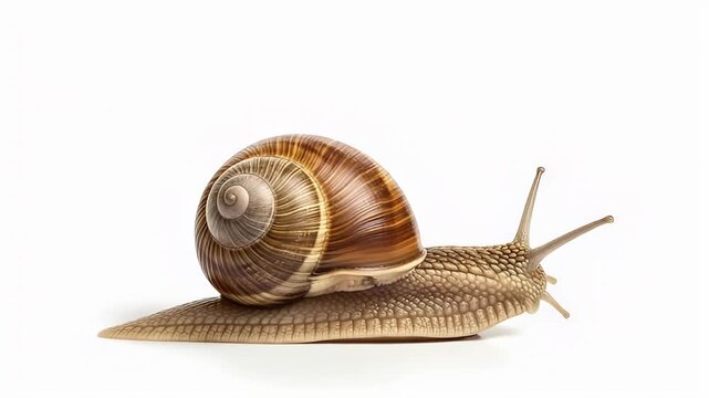 A captivating close-up shot features a common garden snail gracefully navigating a clean, white background. Its mesmerizing brown, spiral shell showcases intricate patterns and textures, providing a n