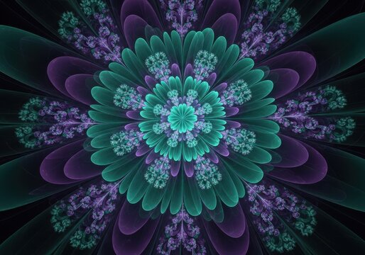 Intricate fractal flower bloom in teal and purple hues - Powered by Adobe