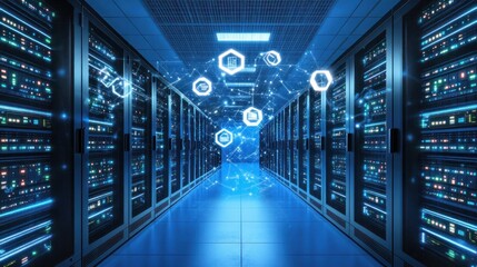 Server room interior with glowing network icons
