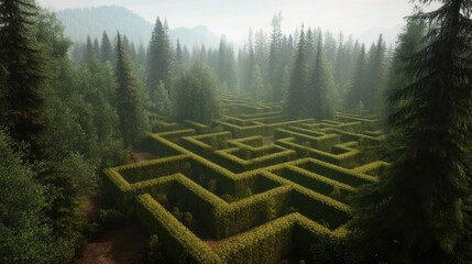 Lush green hedge maze in misty forest