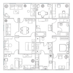 Obraz premium Architectural floor plan blueprint of a modern apartment layout showcasing living rooms, bedrooms, kitchen, and bathrooms with furniture details